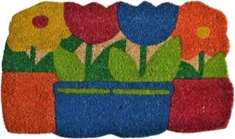 Imports Decor Flower Pots Coir Door Mat, Handwoven Coconut Fiber Doormat with Floral Design, Non-Slip PVC Backing Indoor Outdoor Entrance Rug