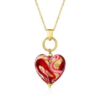 Ross-Simons Italian Red and Pink Murano Glass Heart Necklace in 18kt Gold Over Sterling