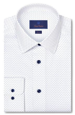 David Donahue Slim Fit Neat Cotton Stretch Twill Dress Shirt in White/navy at Nordstrom, Size 16.5 - 32