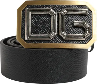 Dolce & Gabbana Men Black Leather Dg Logo Metal Buckle Belt Calf