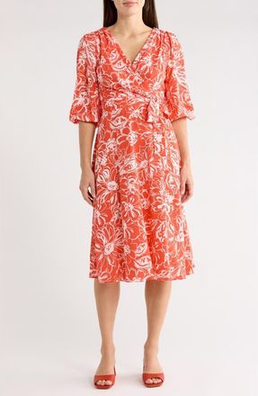 DKNY Surplice Three-Quarter Balloon Sleeve Midi Dress in Caf Floral- Grenadine/Ivory at Nordstrom Rack, Size 18 (Similar To 14W)