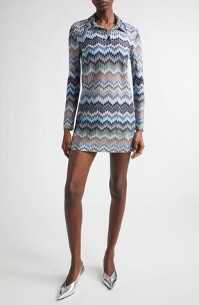 Missoni Snakeskin Pattern Chevron Long Sleeve Polo Minidress in Multi Blue Tones at Nordstrom, Size 10 Us