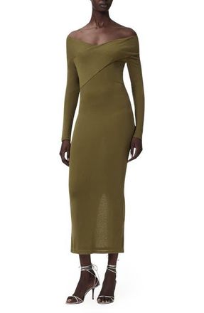 AllSaints Delta Off the Shoulder Long Sleeve Jersey Midi Dress in Khaki Green at Nordstrom, Size 12 Us