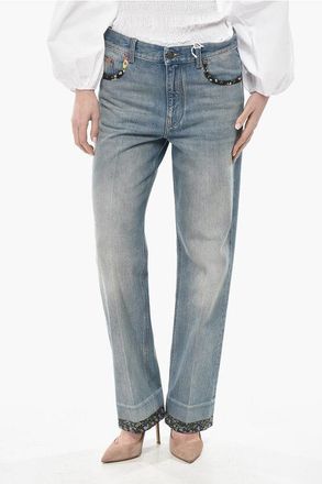 Valentino Straight-Fit Cotton Jeans with 21cm Floral-Pattern Hems size 26