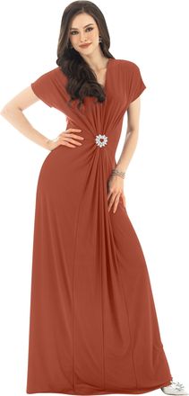 Koh Koh Womens Long V-Neck Short Sleeve Semi Formal Wedding Gown Maxi Dress, Copper Rust Orange, XL