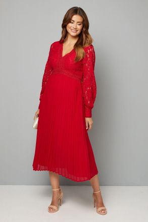 Wallis Womens Lace Pleated Skirt Midi Dress - Red - Size 12 UK