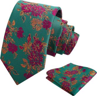 Alizeal Mens Retro Floral Necktie and Hanky Business Wedding Tie and Pocket Square Set, Green+Maroon+Orange