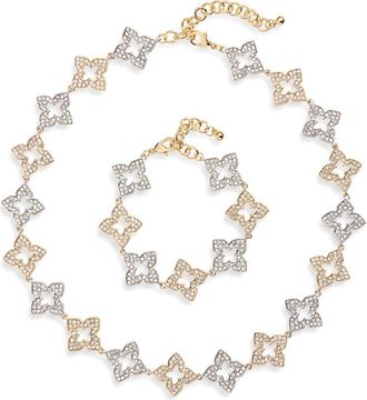 Natasha Two-Tone Pav&eacute; Crystal Flower Necklace & Bracelet Set in Gold/Silver at Nordstrom Rack