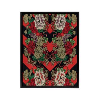 Artery8 Japanese Red Fan Floral Pattern Audsley Vintage Framed Canvas Wall Art | Size: W24 x H32