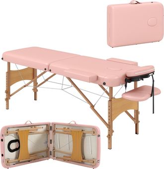 OEM Camilla De Masaje Plegable Con Reposacabezas Extra&iacute;ble Asa Marco De Madera Y Altura Regulable 210x81x67-92 Cm Rosa