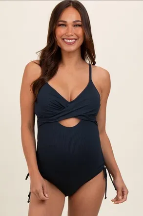 Pinkblush Ribbed Wrap Front Drawstring Side One-Piece Swimsuit in Navy Blue at Nordstrom, Size X-Large