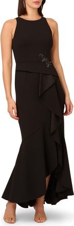 Adrianna Papell Beaded Appliqu&eacute; Ruffle Crepe Gown in Black at Nordstrom, Size 10