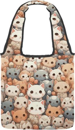 Generic Colorful Cartoon Kitten Reversible Canvas Shoulder Tote - Double-Sided Print, 12oz Cotton, 27cm Drop, Fold-Flat Bag for Travel, Shopping, Street Outin