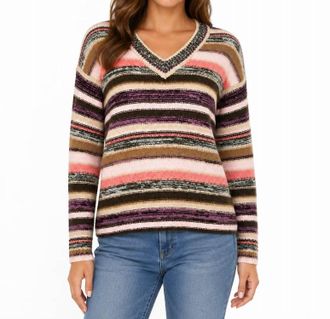 RD Style Long Sleeve V-Neck Sweater In Multicolor Striped