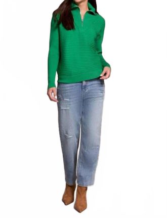 Tribal Starling Soft Zip-Up V-Neck Sweater In Field Green