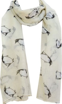 World of Shawls Unusual Cute Penguin Print Lightweight Scarf Women Large Size Scarf (Cream)