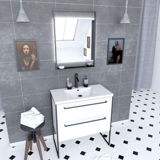 Aurlane Aurlane - Pack Mueble 80x50 Blanco- 2 Cajones - Lavabo Blanco Y Espejo Negro Mate Led