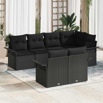 vidaXL Vidaxl - Conjunto De Sof&aacute; De Jard&iacute;n Con Coj&iacute;n 7 Pcs Negro Polirat&aacute;n