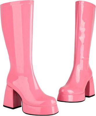 Generic Womens Glossy Patent Leather Upper Square Knee Platform Side Zipper Boots