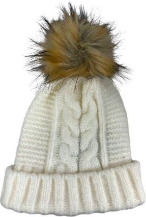 MARCUS ADLER Faux Fur Pom Cable Knit Beanie in Ivory at Nordstrom Rack