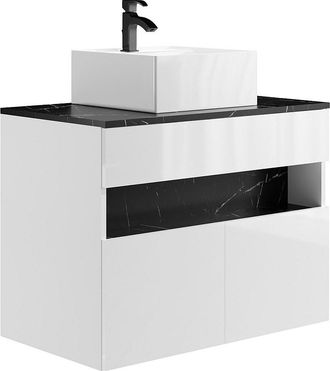 Vente-Unique Mueble flotante de baño con luces LED y lavabo sobre encimera - Blanco y negro con efecto mármol - Ancho 80 cm - POZEGA