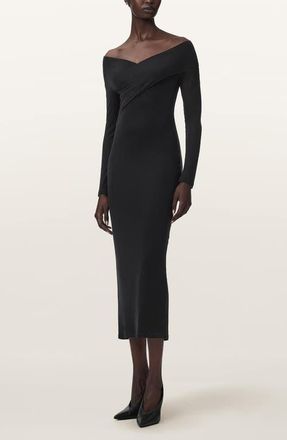 AllSaints Delta Off the Shoulder Long Sleeve Jersey Midi Dress in Black at Nordstrom, Size 10