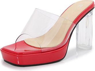 Generic Red,5.5 UK,Womens Chunky Platform Mules Sandals Slip On Block Heels Square Toe Slingback Pumps PVC Transparent Crystal Dress Shoes