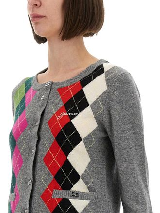 Ganni Jacquard Cashmere Blend Cardigan - Purple