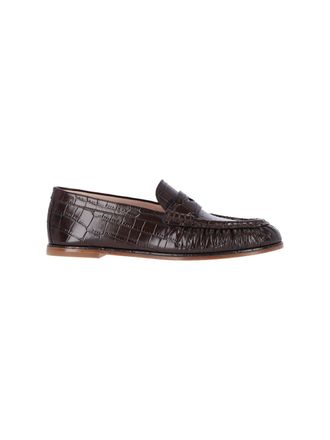 Stuart Weitzman Crocodile-Embossed Loafer Flats with Glossy Finish
