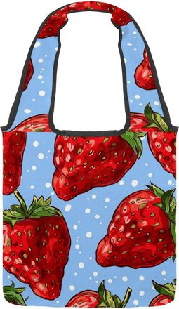 Generic Red Strawberry Reversible Canvas Shoulder Tote - Double-Sided Print, 12oz Cotton, 27cm Drop, Fold-Flat Bag for Travel, Shopping, Street Outings