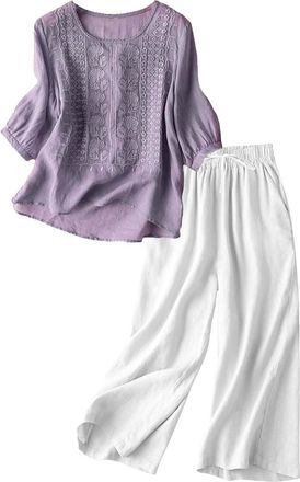 Generic 2 Piece Outfits for Women Cotton Linen Embroidered Retro Casual Matching Set 3/4 Sleeve Tops and Wide Leg Capri Pants Sets Summer Autumn Going Out Vac