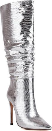 Generic Womens Pull on Knee High Boots Pointed Toe PU Leather Long Boots Stiletto High Heel Evening Party Prom Shoes,Silver,2.5 UK