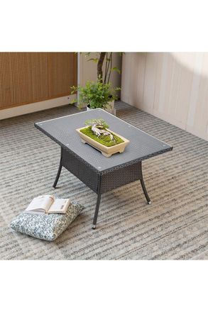 Living and Home Garden Rattan Tempered Glass Top Rectangular Table with Parasol Hole in Black | Size: Large