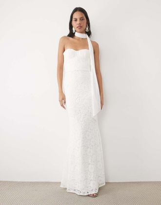 Six Stories abito lungo da sposa in pizzo a fascia con dettaglio foulard, bianco