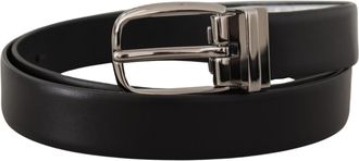 Dolce & Gabbana Black Leather Silver Metal Chrome Logo Buckle Mens Belt