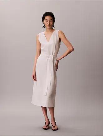 Calvin Klein Womens Linen Blend V-Neck Sleeveless Belted Dress - Neutral - XS