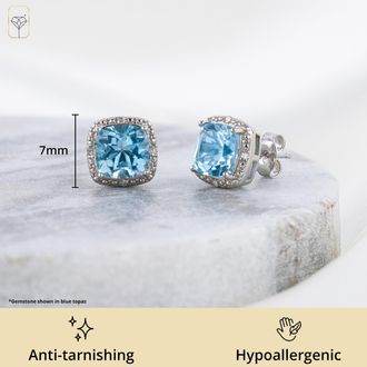 MAX + STONE 925 Sterling Silver 7mm Gemstone and Diamond Accent Halo Cushion Stud Earrings