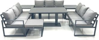 Fimous Fimous 10 Seater Garden Sofa Set Aluminium Furniture Rising Dining Tabe Set with 2 Side Tables Big Footstool Dark Grey