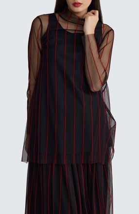 Luukaa D'Celli Noelle Striped Mesh Layered Blouse in Black Red at Nordstrom, Size 18