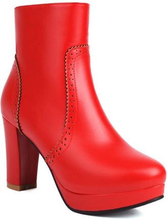 Generic Womens Block Heel Platform Round Toe Wingtip Brouge Ankle Boots with Side Zipper Warm Winter Plush Shoes (5.5,Red)