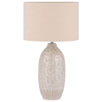 Beliani L&aacute;mpara De Mesilla De Noche Cer&aacute;mica Beige 57 Cm Patr&oacute;n De Hoja Pantalla De Tambor Tradicional Salza