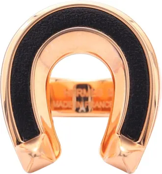 Herm&egrave;s Gold Black Gold Plating Leather Band Ring (Pre-Owned)