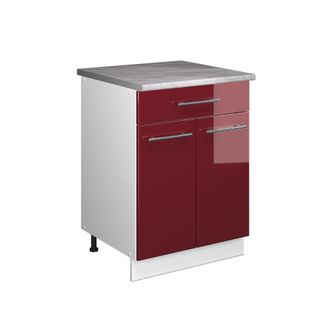 Vicco Mueble Bajo Para Fregadero/placa Fame-line, Rojo Burdeos Alto Brillo/blanco, 60 Cm Con Caj&oacute;n, Et M&aacute;rmol, Vicco