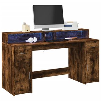 Berkfield Home Desk with LED Lights Smoked Oak 160x55x91 cm Engineered Wood in Brown | Size: 160 x 55 x 91 cm