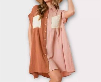 Peach Love California Rhinestone Color Block Shirt Dress In Brown/taupe/cream