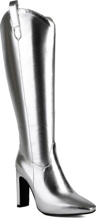 Generic Womens Square Pointy Toe Knee High Boots PU Leather Long Boot with Side Zipper Block High Heel Party Prom Shoes,Silver,8.5 UK