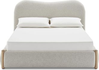 Castlery White Boucle Queen Bed | Rochelle by Castlery, Upholstered in Performance Boucle Fabric, Wooden Poster Legs, Queen Size, White