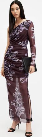 AllSaints Recycled Polyester Eris One Shoulder Mesh Floral Midi Dress, Size: UK 16/US 12