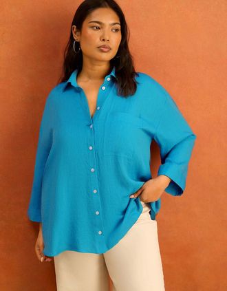 Live Unlimited London Womens Turquoise Wide Sleeve Button Up Shirt - Blue - Size: 28