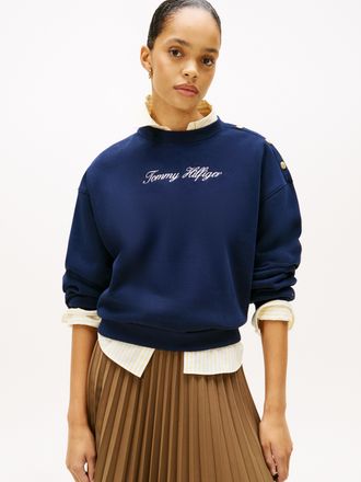 Tommy Hilfiger Sweatshirt TOMMY HILFIGER GOLD BTN SCRIPT FLEECE SWTSRT, Damen, Gr. XXL (44), schwarz night navy, Sweatware, Obermaterial: 64% Baumwolle, 36% Polyeste